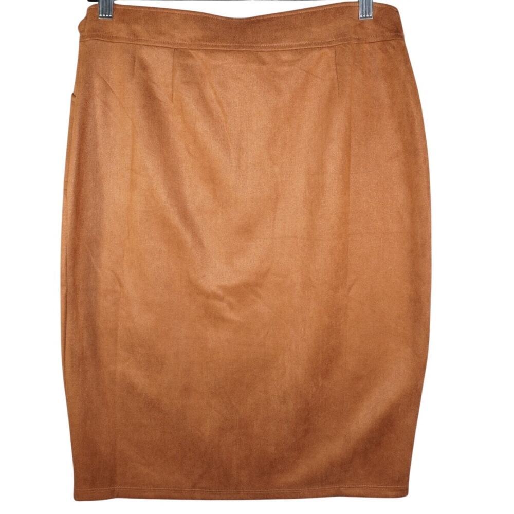 NYCC Camel Faux Suede Midi Pencil Skirt High Waist Belted Minimalist M - Picture 4 of 6